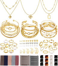 Load image into Gallery viewer, FAXHION 68 Pcs Gold Jewelry Set for Women with 7 Necklace, 17 Bracelet, 5 Hoop Earrings, 15 Stud Earrings, 24 Knuckle Rings for Women Jewelry Set for Women