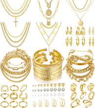 Load image into Gallery viewer, FAXHION 68 Pcs Gold Jewelry Set for Women with 7 Necklace, 17 Bracelet, 5 Hoop Earrings, 15 Stud Earrings, 24 Knuckle Rings for Women Jewelry Set for Women