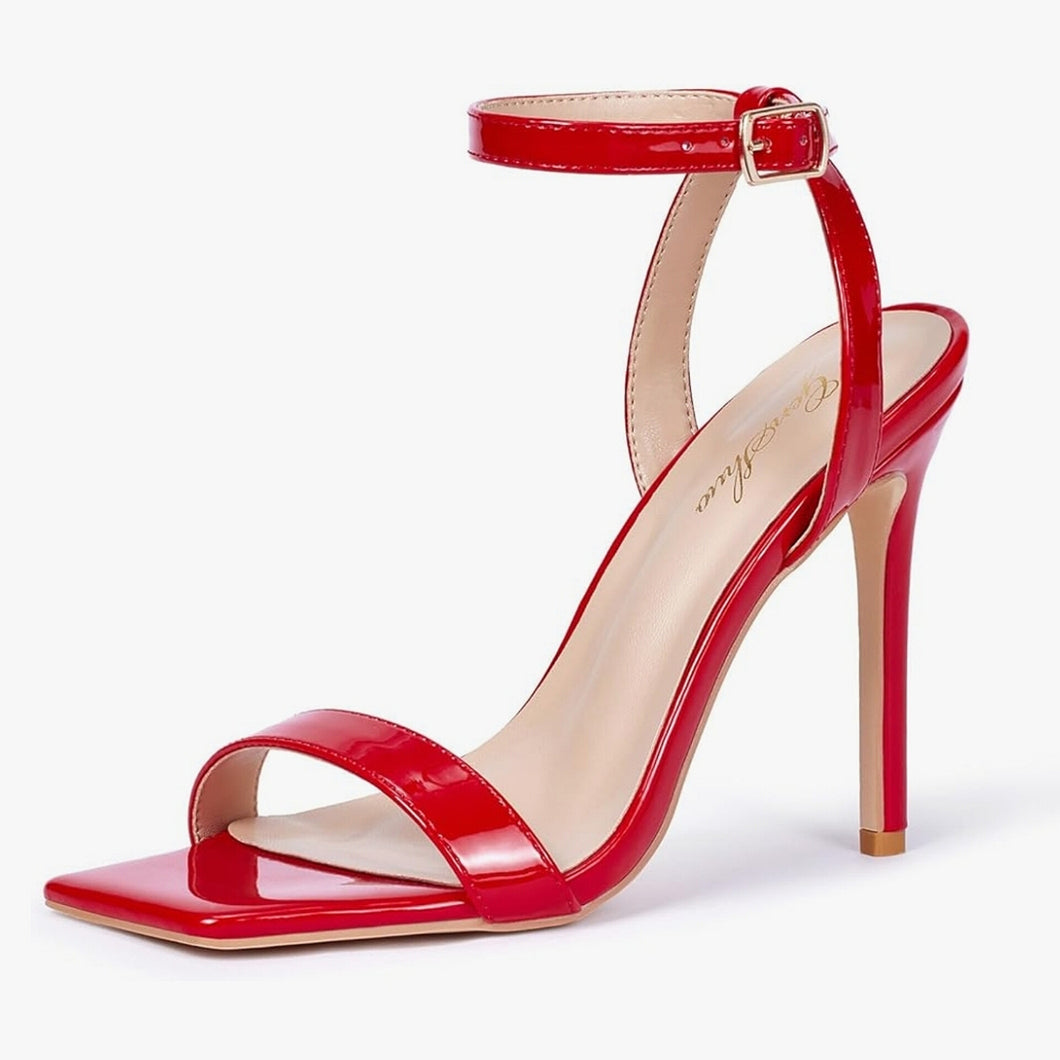 Square Toe Ankle Strap Stiletto High Heeled Sandals - Red