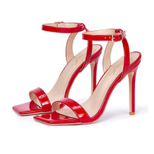 Load image into Gallery viewer, Square Toe Ankle Strap Stiletto High Heeled Sandals - Red