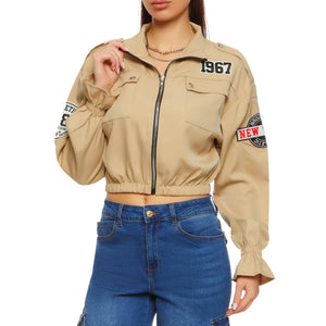 KHAKI LETTER PRINT PATCH WORK CROPPED GRAPHIC JACKET