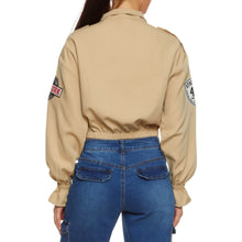 Load image into Gallery viewer, KHAKI LETTER PRINT PATCH WORK CROPPED GRAPHIC JACKET