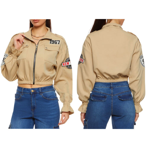 KHAKI LETTER PRINT PATCH WORK CROPPED GRAPHIC JACKET