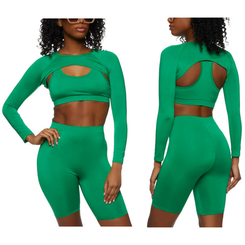 Green 3 Piece Biker Shorts Set Active Athletic Sportswear