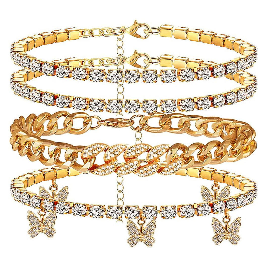 Cuban Link Gold Anklet Bracelet Set - 4 Pcs