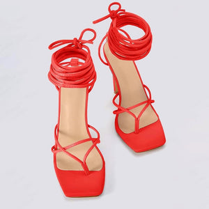 Lace Me Up Ankle Strap Stiletto High Heeled Sandals - Red