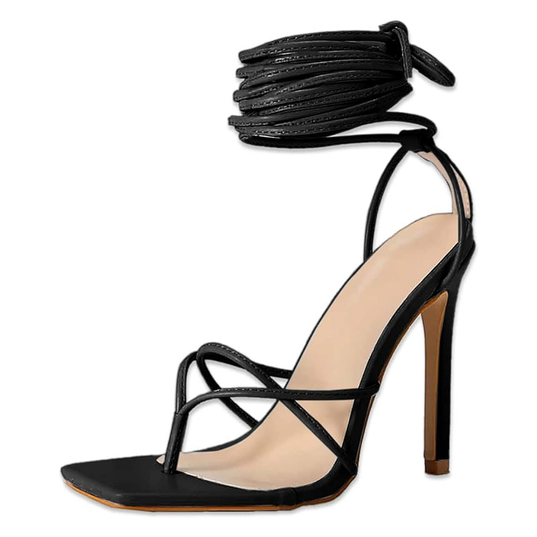 Lace Me Up Ankle Strap Stiletto High Heeled Sandals - Black