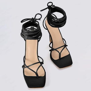 Lace Me Up Ankle Strap Stiletto High Heeled Sandals - Black