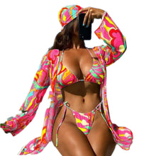 Load image into Gallery viewer, Pink Swirl Print 3 Piece Bikini Set Beach Vacation Wear