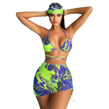 Load image into Gallery viewer, Green Swirl Print 3 Piece Bikini Swim Set Beach Vacation Wear