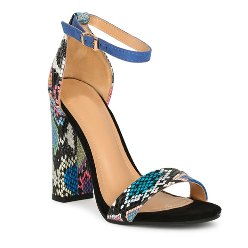 Snake Print Multi Color Ankle Strap High Heel Block Chunky Sandals