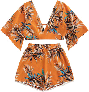 Women's Boho Butterfly Sleeve Crop Top Shorts Set