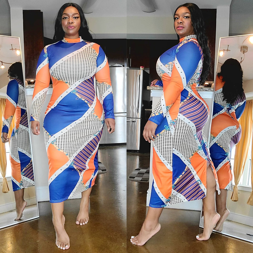 Orange Blue Color Block Bodycon Long Sleeve Dress